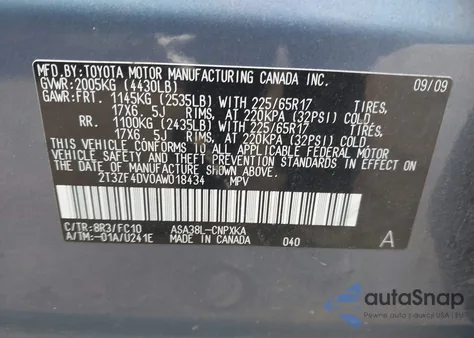 2010 Toyota Rav4 z USA, uszkodzony, nr VIN 2T3ZF4DV0AW018434